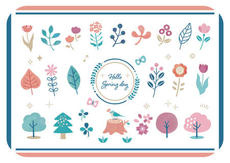 Spring flowers and plants watercolor hand drawn illustration set / cherry blossoms, flowers, trees, plants, ornamentsのイラスト素材