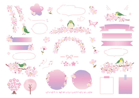 Whitetail perched on cherry blossom branches and spring frame designのイラスト素材