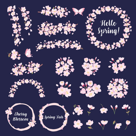 Cherry blossom illustration set, one point, decoration, design partsのイラスト素材