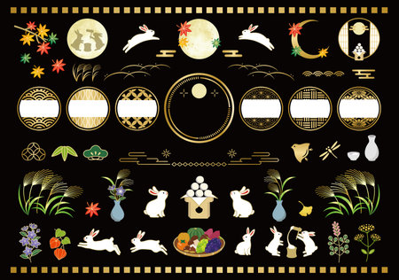 Illustration set of autumn moon viewing and rabbitのイラスト素材
