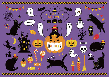 Set of black cat and Halloween illustrationのイラスト素材