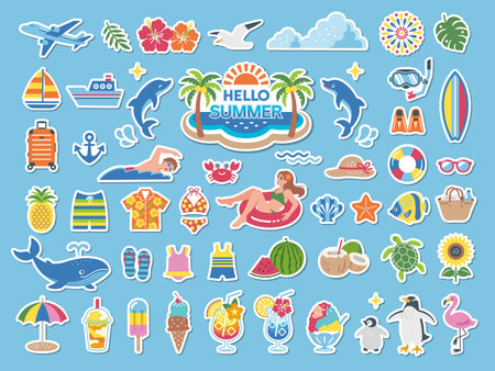 Summer vacation and beach sticker style icon setのイラスト素材