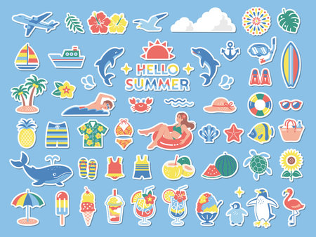 Summer vacation and beach sticker style icon setのイラスト素材