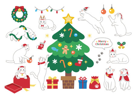 Illustration of cute white cats celebrating Christmas. Vector illustration in flat cartoon style with main lines.のイラスト素材