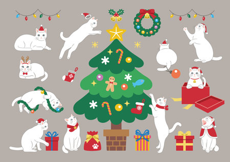 Illustration of cute white cats celebrating Christmas. Vector illustration in flat cartoon style with main lines.のイラスト素材