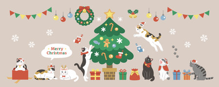 Banner design with cute cats celebrating Christmas. Flat cartoon style vector illustration.のイラスト素材