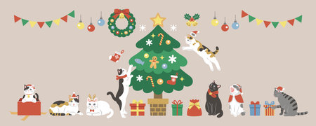 Banner design with cute cats celebrating Christmas. Flat cartoon style vector illustration.のイラスト素材