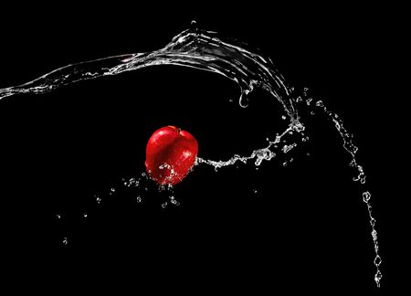 Red apple in water streamの写真素材