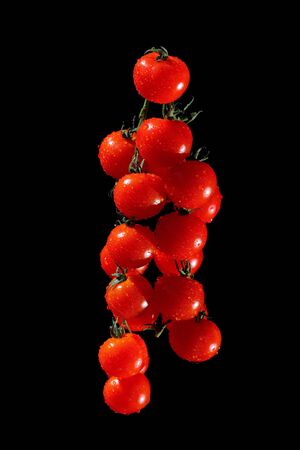 Bunch of cherry tomatos on black backgroundの写真素材