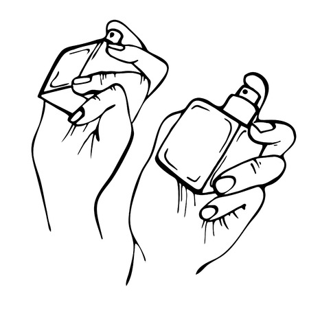 Freehand linear ink hands spraying perfume illustration.のイラスト素材