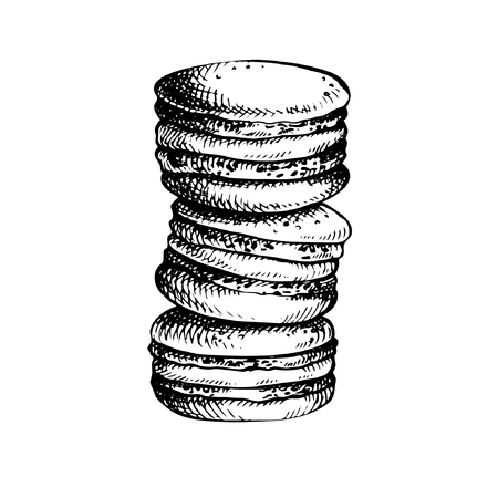 Hand drawn Sketch Cake macarons, isolated on white background. French pastry vector illustrationのイラスト素材