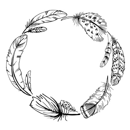 Hand drawn boho illustration. Vintage decorative feather wreath ink drawing. Perfect for invitations, greeting cards, quotes, posters and more.のイラスト素材