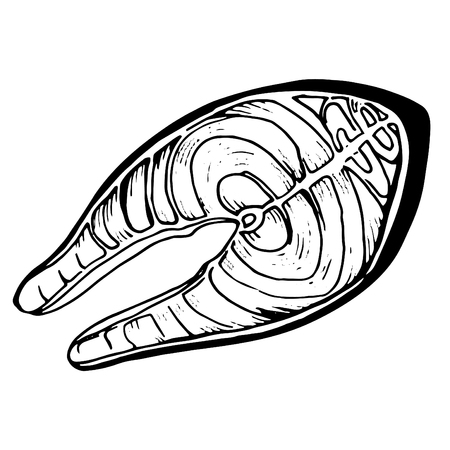ine sketch hand drawn salmon steak. Sea food in retro style. fish steak, red fishのイラスト素材