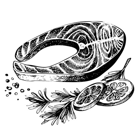 Steak of Red Fish, Salmon, with Lemon and Herbs. Sketch Seafood Menu. Ink Illustration of Fresh salmon steak ,close upのイラスト素材
