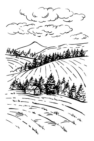 Landscape ink sketch drawing. Rural engraved landscape with plowed fields and pine tree.Countryside landscape with hills, fields, trees.のイラスト素材