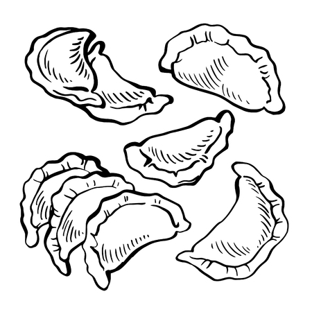 Sketch hand drawn Vareniki. dumplings. Food. Cooking. National dishes.traditional tasty Ukrainian foodのイラスト素材