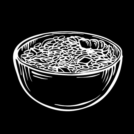 Sketch rice in bowl  cartoon hand drawn illustration, black and white, ink, sketch style Appetizing healthy rice with vegetables and shrimpsのイラスト素材