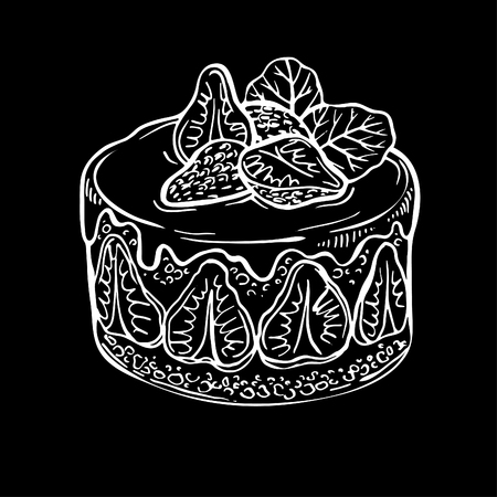 Sketch fruit cake, berry. hand drawn ink strawberry cake. illustration of baking. Cafe doodle menu. Illustration on blackのイラスト素材
