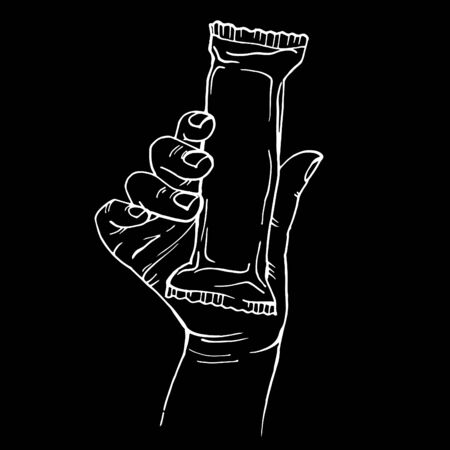 Blank candy bar plastic wrap hold in hand. Empty chocolate bar packaging. Sweet pastry shop energy bar cover. Close-up Of Hand Holding Choco Bar On black  Backgroundのイラスト素材