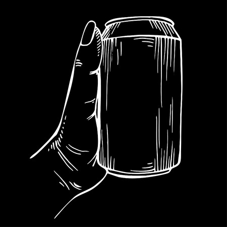 Blank Can in hand. Sketch beverage can in ink hand drawn style. isolated on black. Beer can.のイラスト素材