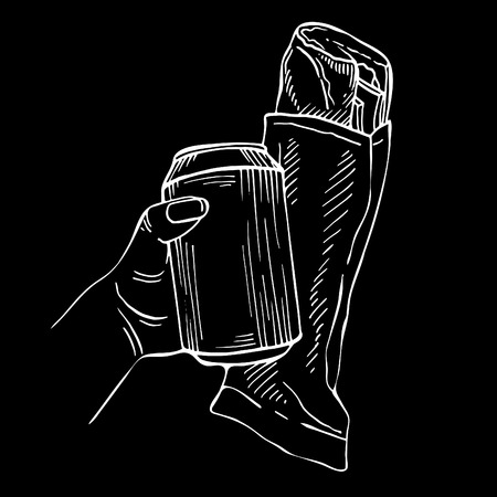 Sketch French baguette sandwich and can in hand.Ink hand drawn illustration Isolated on a white background.Hand holding sandwich and Blank Canのイラスト素材