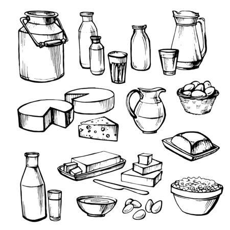 Milk and farm product. Set of hand drawn vector elements.のイラスト素材