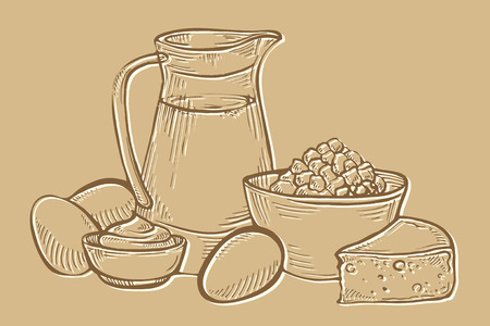 Sketch of dairy products. Milk and farm product. Set of hand drawn food elementsのイラスト素材