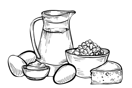 Sketch of dairy products. Milk and farm product. Set of hand drawn vector elements.のイラスト素材