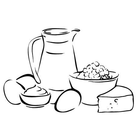 Sketch of dairy products. Milk and farm product. Set of hand drawn vector elements.のイラスト素材