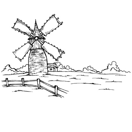 Hand drawn sketch illustration of a mill.Panoramic view.Vector drawing.Freehand outline ink hand drawn drawing sketchy in art doodle style pen on paperのイラスト素材