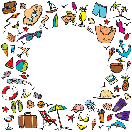 Summer color doodle frame. Summer beach holidays, travel, shoes, ice cream, shells, ball, drink, towel, sunglasses, parasol. Hand drawn doodle wreath. Vector illustration isolated on white background.のイラスト素材