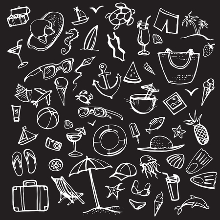 Summer doodle set. Summer beach holidays, travel, shoes, ice cream, shells, ball, drink, towel, sunglasses, parasol. Hand drawn doodle vector illustration isolated on black backgroundのイラスト素材