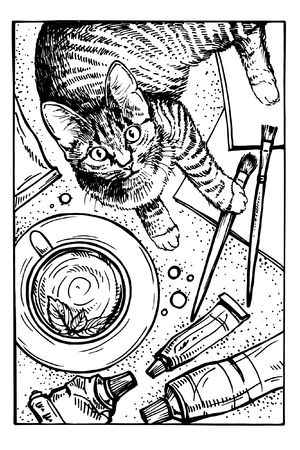 Hand drawn Sketch cat. kitty on artist workplace. Domestic animal portrait. Pencil drawing kittenのイラスト素材