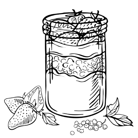 Sketch ink hand drawn doodle illustration of a yogurt with strawberry.Graphic yogurt pot isolated on white background. Fruit Parfait Doodleのイラスト素材