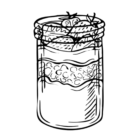 Sketch ink hand drawn doodle illustration of a yogurt with strawberry.Graphic yogurt pot isolated on white background. Fruit Parfait Doodleのイラスト素材