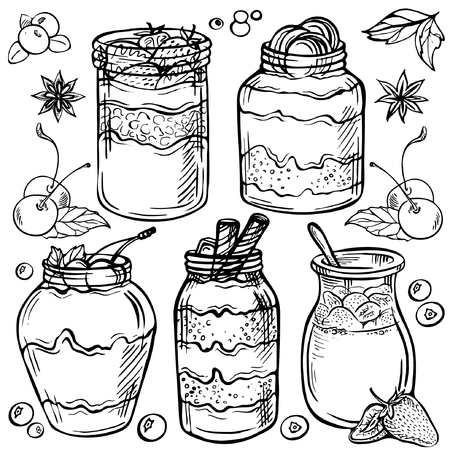 Sketch ink hand drawn doodle illustration of a yogurt with strawberry, chocolate, cherry.Graphic yogurt pot isolated on white background. Fruit Parfait Doodleのイラスト素材