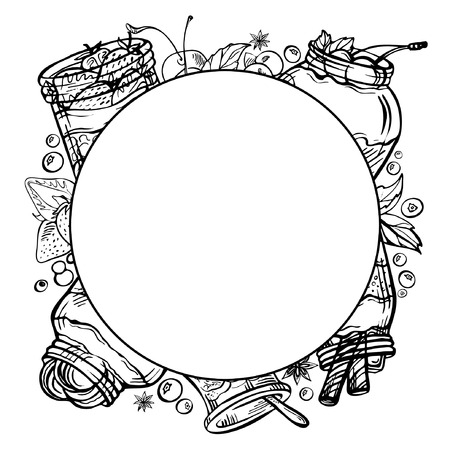 Sketch ink hand drawn doodle Frame of a yogurt with fruits, strawberry, chocolate, cherry.Graphic yogurt pot isolated on white background. Fruit Parfait Doodle borderのイラスト素材