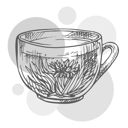 Sketch hand drawn Tea. Vector. Blooming green tea with flowers in glass cup.のイラスト素材