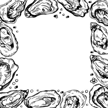 Sketch frame illustration of oyster. Ink border. Oyster farm and oyster restaurant design.のイラスト素材