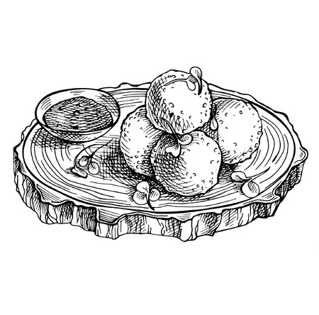 Sketch Fried mozzarella cheese balls on wooden board. Hand drawn cheese.  Italian Cuisine.のイラスト素材