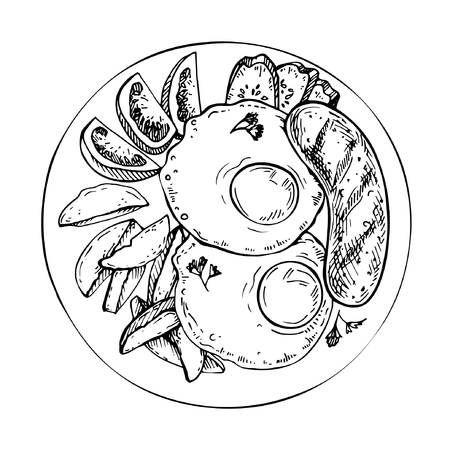 Sketch Traditional breakfast. top view illustration. English, american breakfast with fried eggs, sausage, potato, tomato and cucumber.のイラスト素材