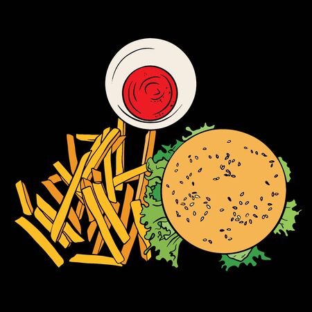 Hand drawn cheeseburger with fried potatoes.  Sketch humburger with lettuce. american food.のイラスト素材