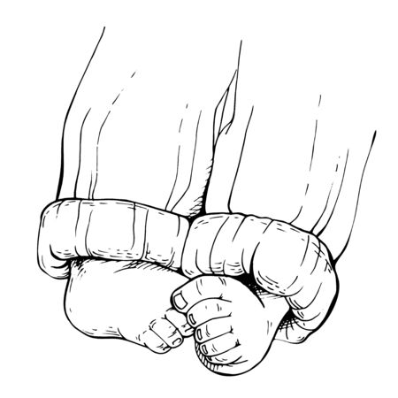 Sketch tiny baby feet. Cute Baby born kid legs wearing knitwear. Ink hand drawn babyâs footstepsのイラスト素材