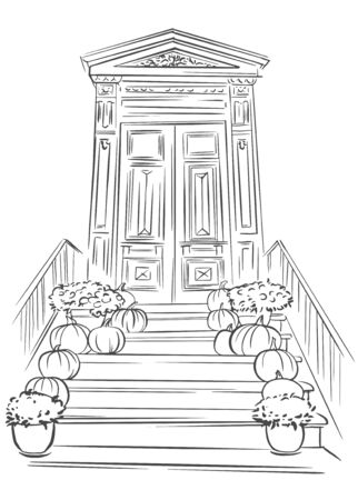 Sketch Halloween decorated front door with pumpkins. Hand drawn Halloween pumpkins on stairs outside a houseのイラスト素材