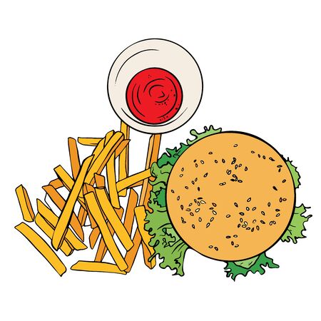 Hand drawn cheeseburger with fried potatoes.  Sketch humburger with lettuce. american food.のイラスト素材