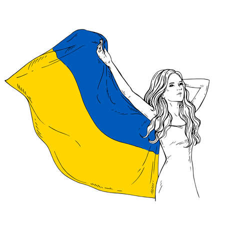 Ukraine Independence Flag Day. constitution day. Sketch Ukrainian girl with yellow and blue flag of Ukraine. flag symbols of Ukraine.のイラスト素材