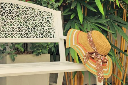 Brown straw hat and a bow on the hat.の写真素材