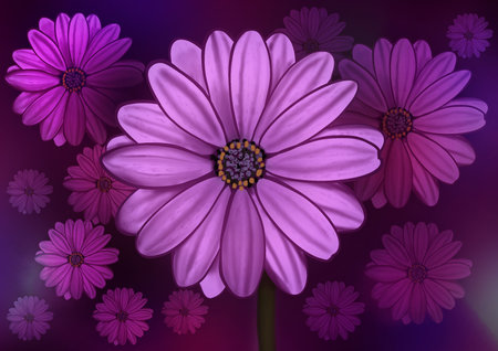 Purple daisies on purple background. 3D illustration.の写真素材