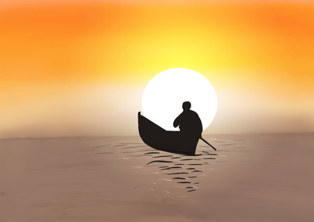 Silhouette of a man rowing a boat at sunset.の写真素材