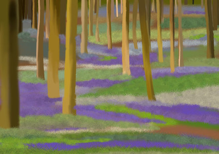Beautiful spring forest landscape with purple flowers. Digital painting illustration.の写真素材